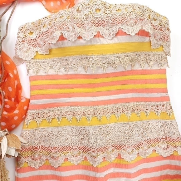 Minuet Strapless Embroidered Orange Tan Striped Dress Sz M - Picture 4 of 15